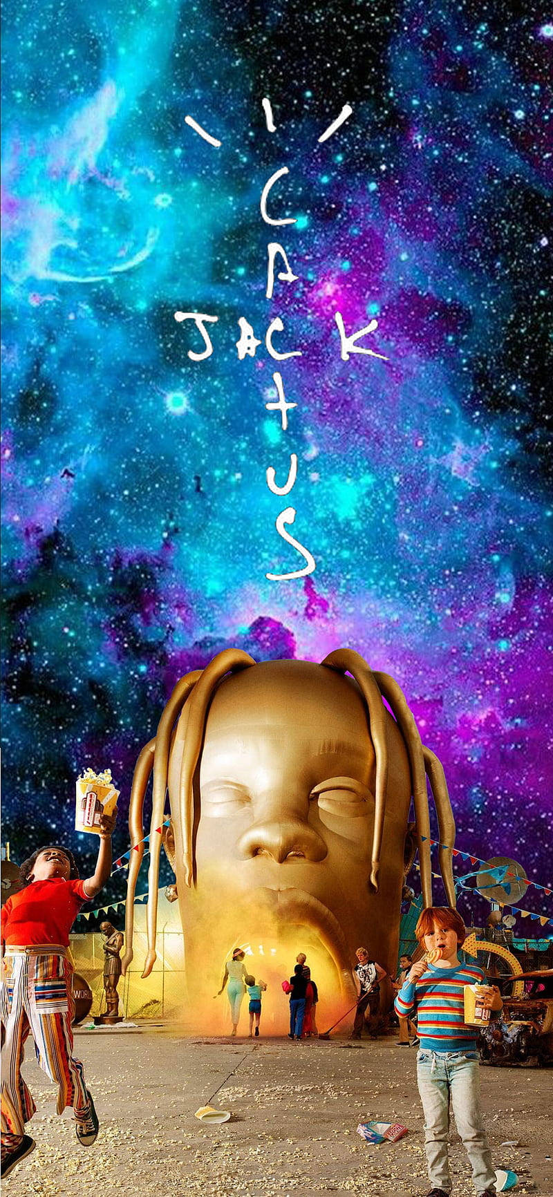 孩子們在色彩繽紛的星空下，靠近一個巨大的金色頭顱玩耍。