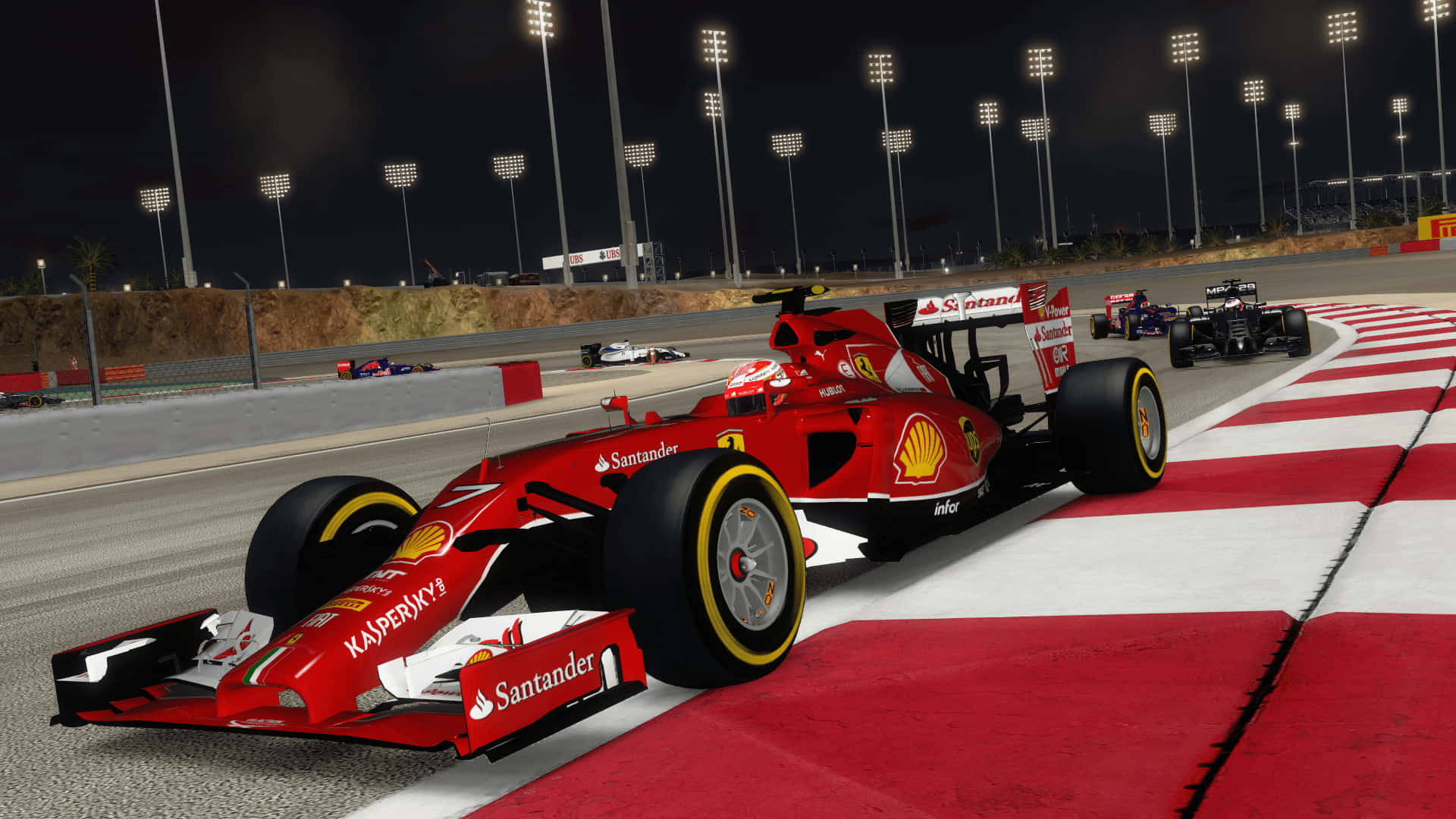 準備迎接 F1 2016 的刺激體驗！ 壁紙 — 一輛紅色法拉利F1賽車在夜間明亮的體育場燈光下越過方格旗終點線。