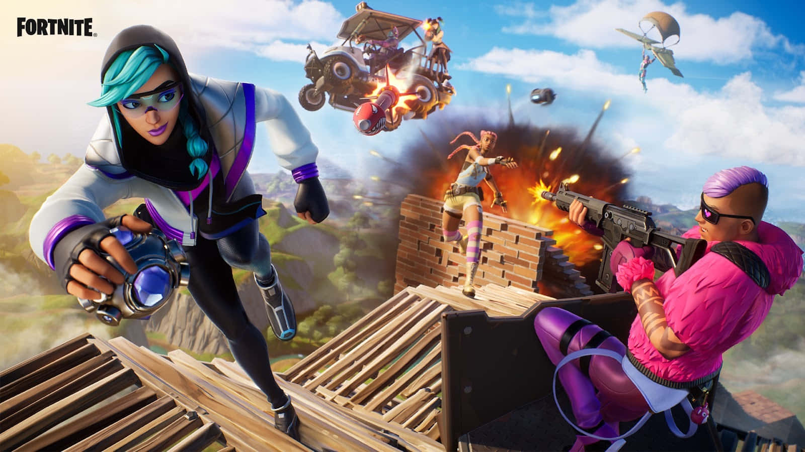 Fortnite 角色在屋頂上戰鬥，伴隨著爆炸和飛行車輛。