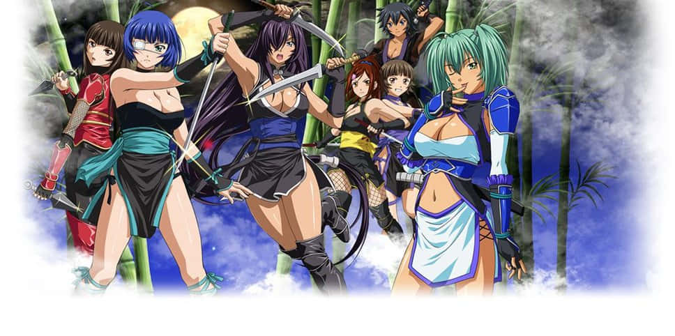 七位動漫女戰士在夜晚的竹林中手持劍和弓。
