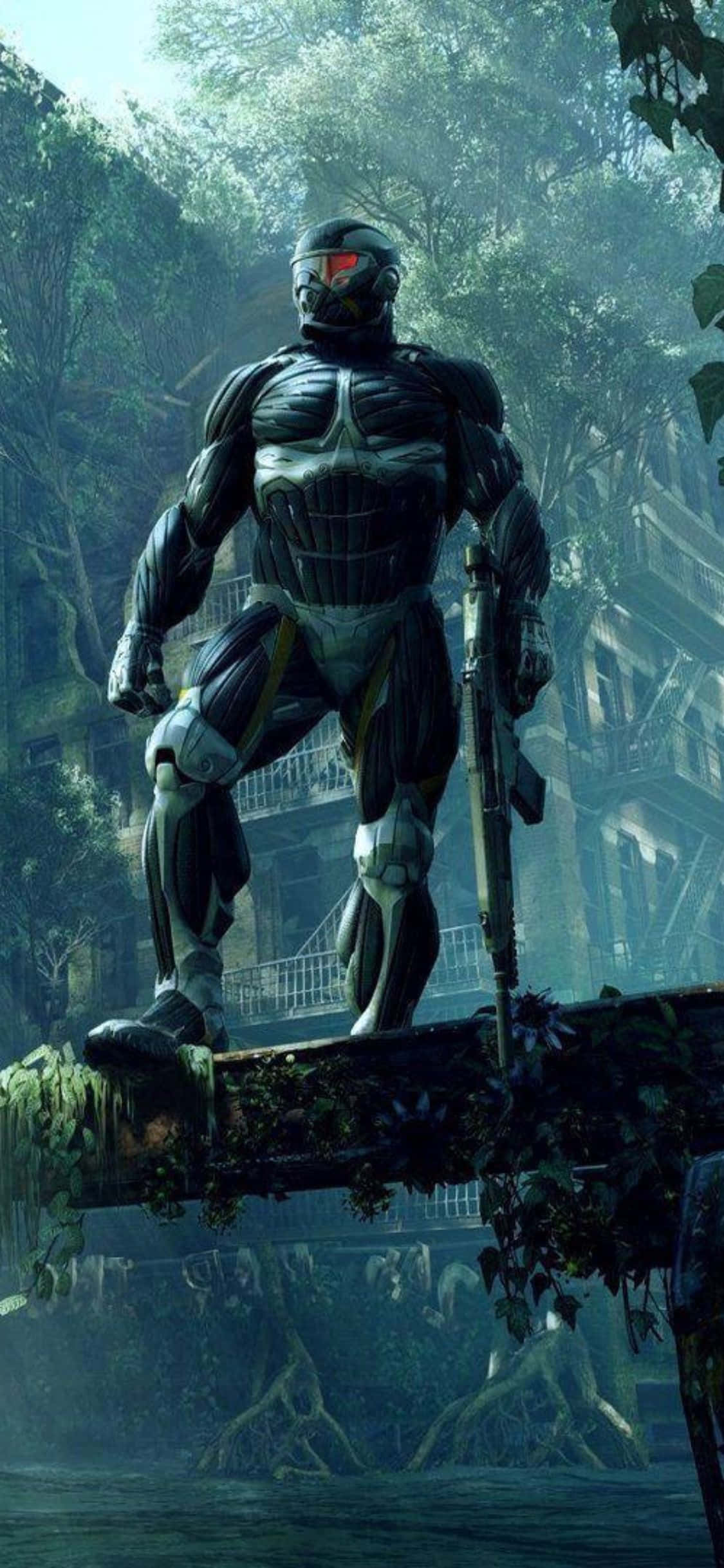 準備迎接 iPhone X 與 Crysis 3 的壯闊冒險 壁紙 — 一名身穿重甲、眼睛發出紅光的士兵，站在茂密叢林中長滿青苔的廢墟上，手持步槍。