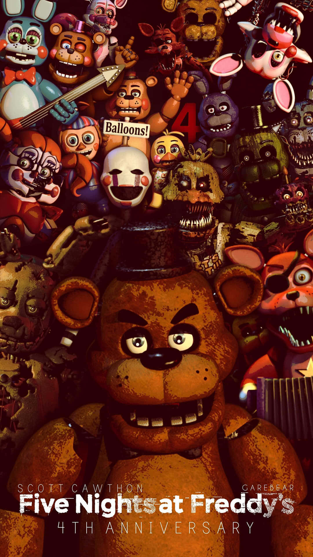 在黑暗恐怖的場景中，來自 Five Nights at Freddy's 的弗雷迪·費斯熊和其他機械動物。