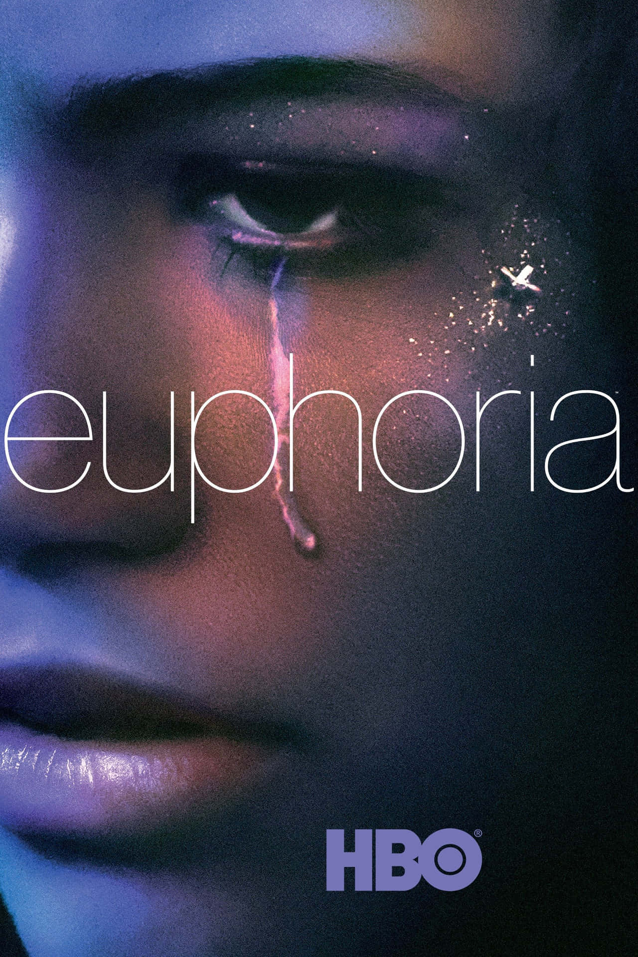 在霓虹燈下淚珠滾落臉頰的特寫，帶有 'euphoria' 文字。