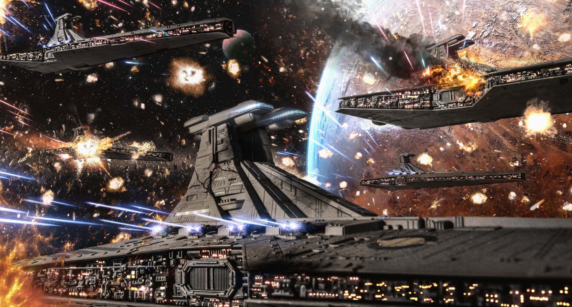 星艦在藍色行星附近進行帶有爆炸和激光的太空戰鬥。