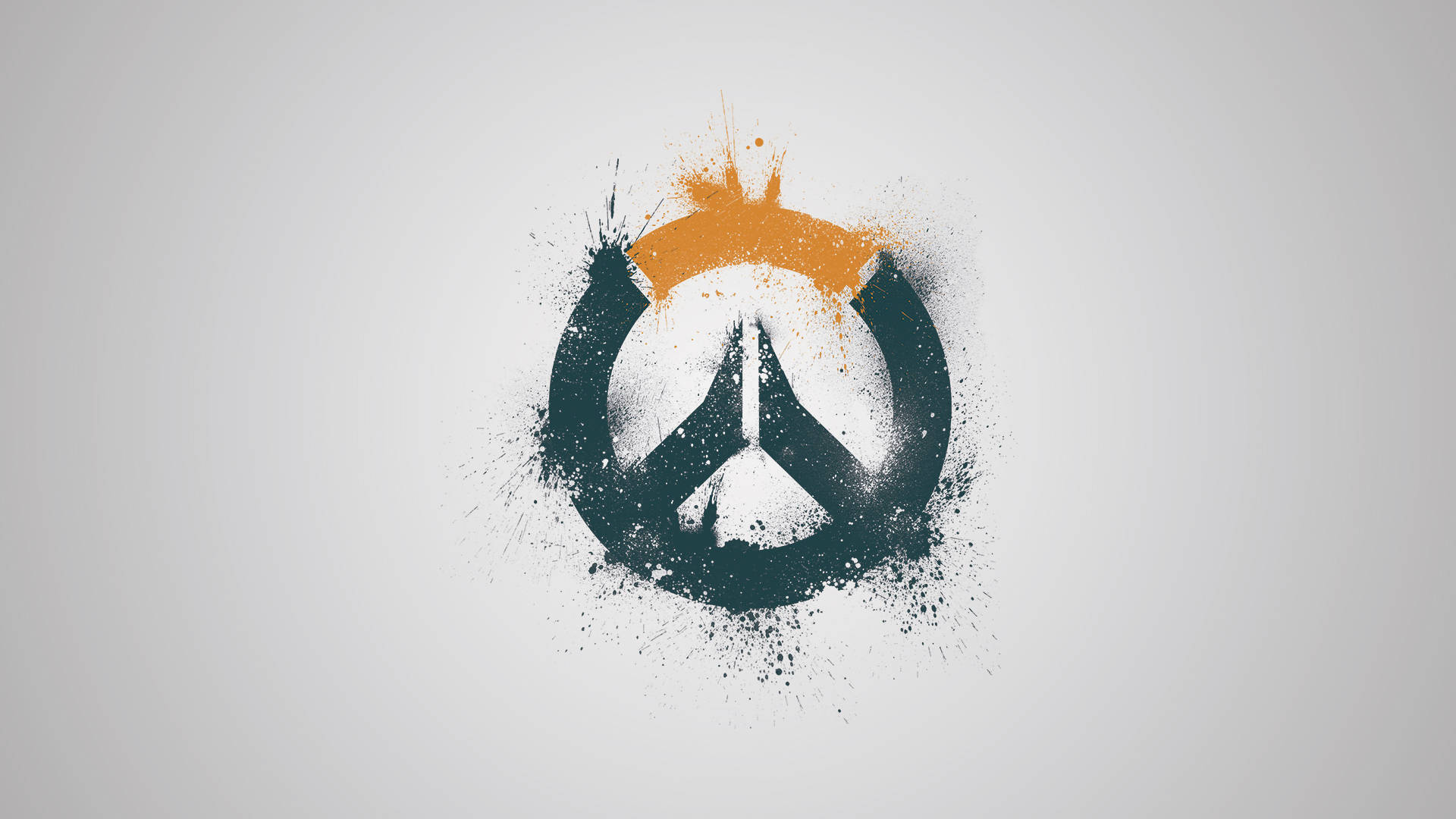 Overwatch標誌，帶有黑色和橙色油漆飛濺在灰色背景上。