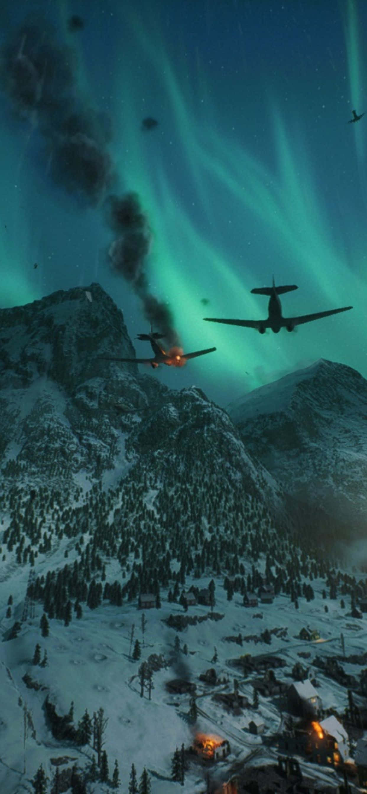 準備迎接《戰地風雲5》的終極戰爭 壁紙 — 兩架戰鬥機在積雪的山脈上空，在充滿活力的綠色北極光下戰鬥。