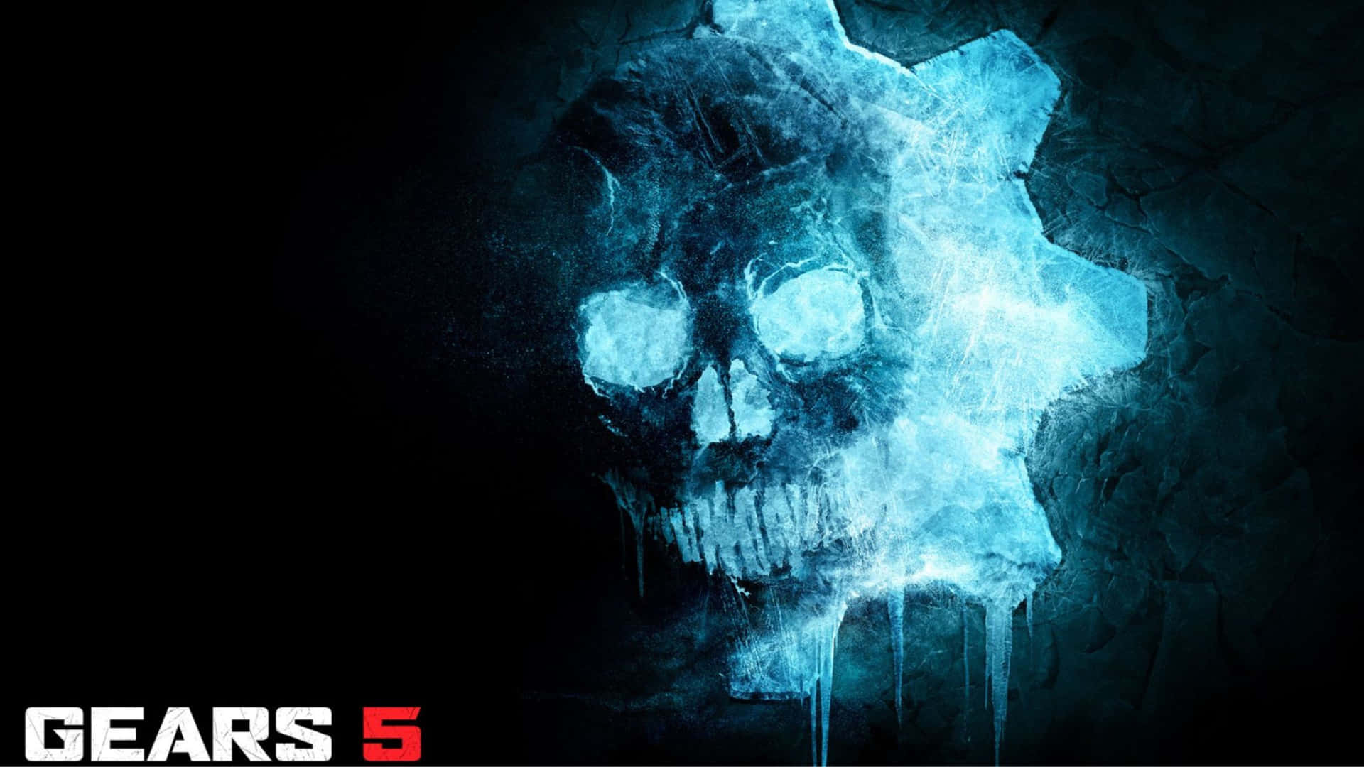 發光的藍色骷髏頭和齒輪在暗色牆上融化，帶有冰滴和 Gears 5 標誌。