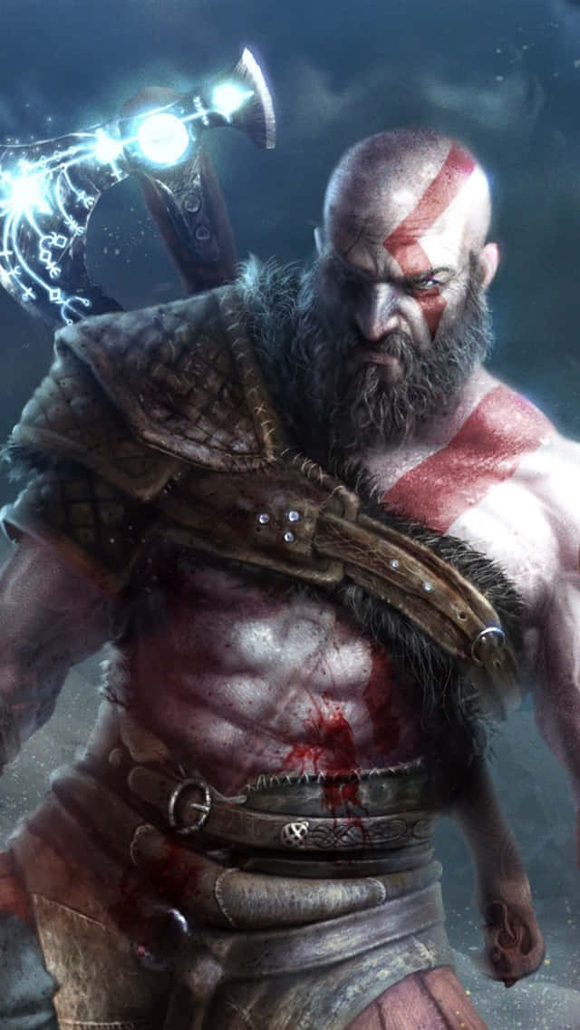 God of War 戰士，發光斧頭和紅色紋身，風暴天空