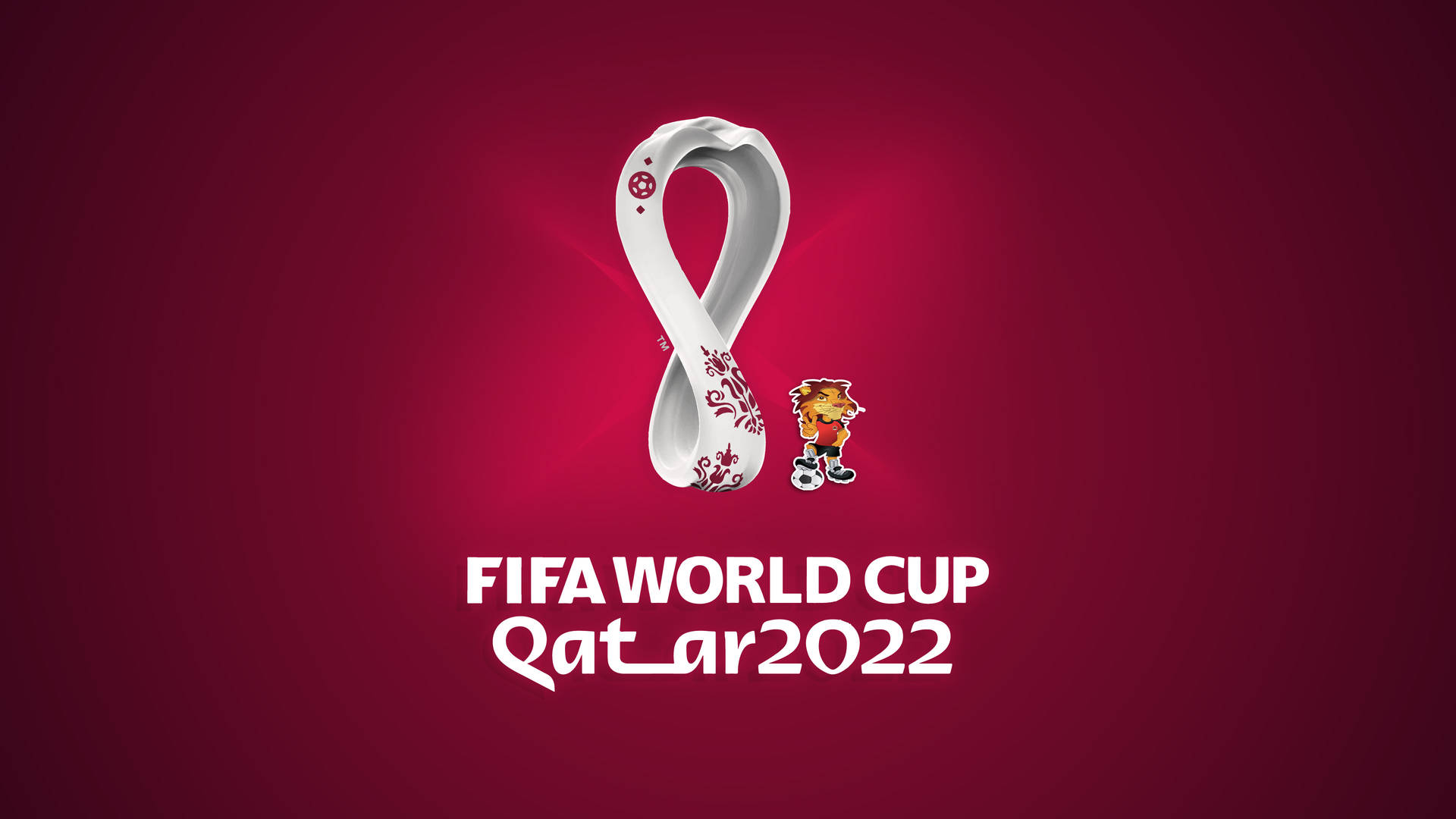 FIFA世界盃卡塔爾2022標誌與吉祥物La’eeb在紅色背景上