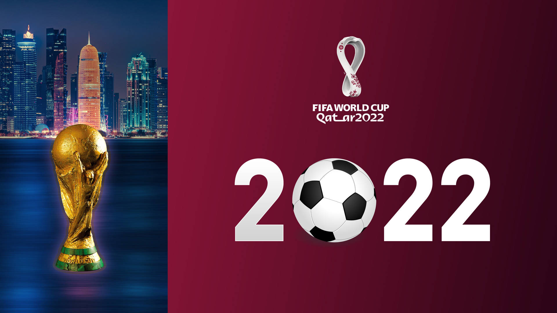 FIFA世界盃獎盃和卡塔爾2022標誌，夜晚城市天際線
