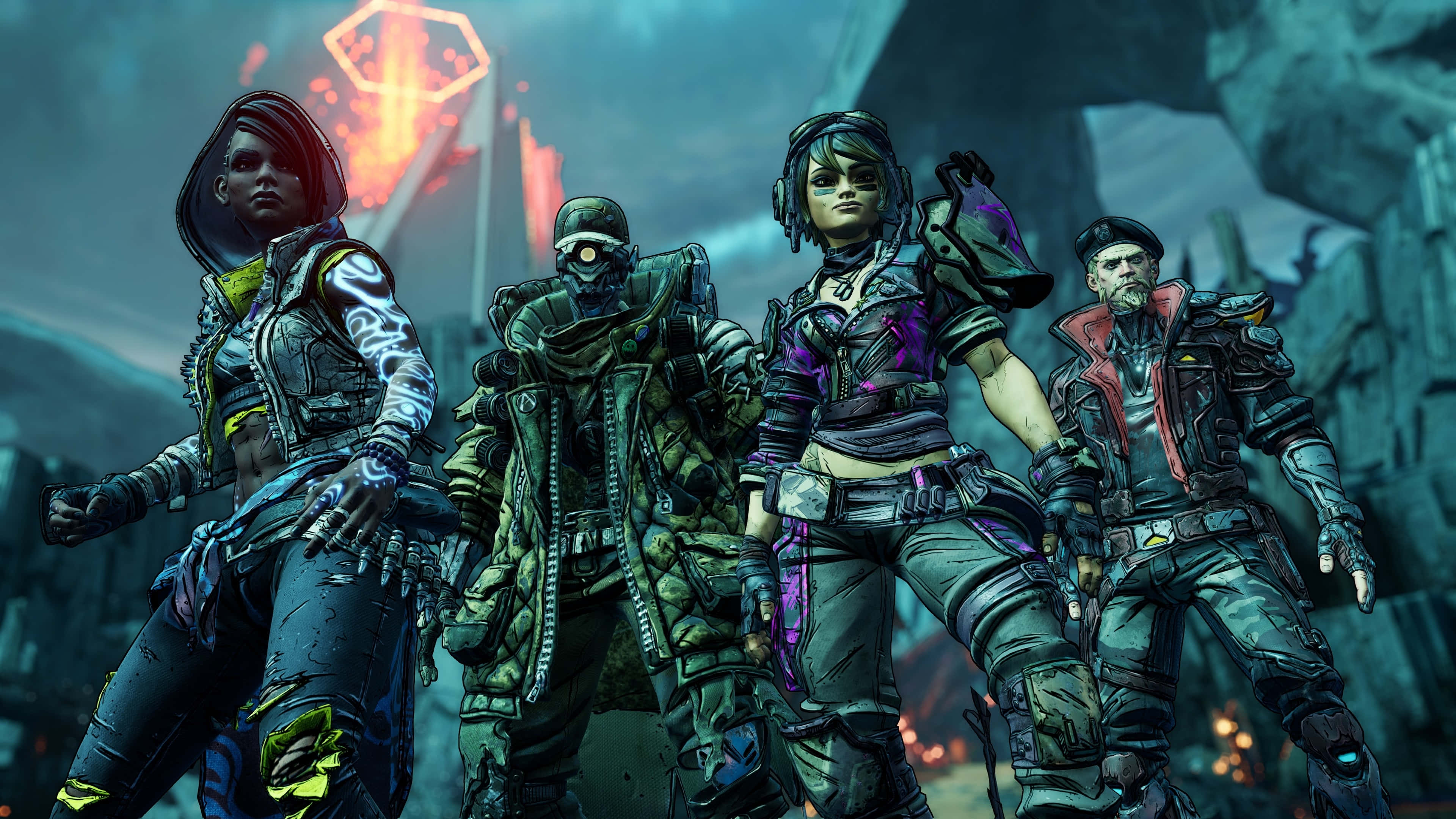準備迎接Borderlands 3的驚心動魄冒險 壁紙 — 四個身穿裝甲的未來角色站在霓虹燈照亮的科幻廢墟中，背景有發光的六邊形結構。