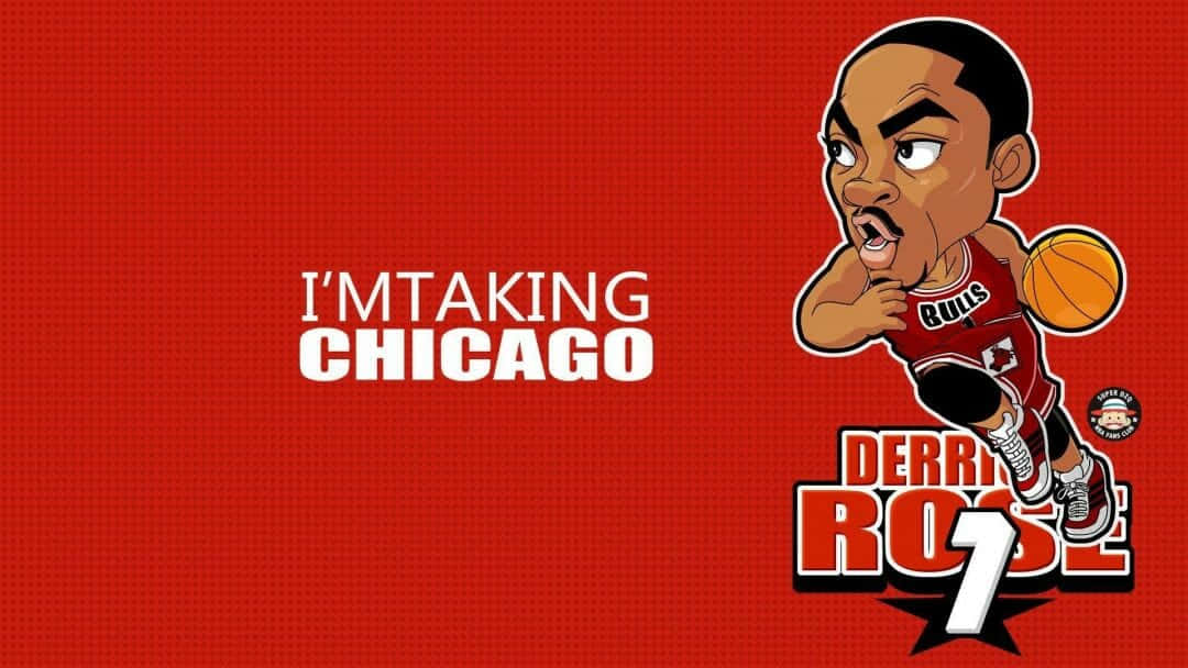 準備迎接NBA賽季開幕！ 壁紙 — 一個卡通籃球運動員穿著紅色公牛隊球衣，在帶有紋理的紅色背景上，以強烈的表情運球，並有粗體白色文字。