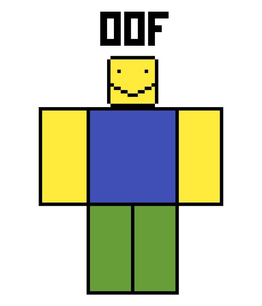 準備迎接Roblox世界的挑戰 壁紙 — 一個像素化的 Roblox 頭像，黃色頭部、藍色身軀、黃色手臂和綠色腿部，頂部有 OOF 文字。