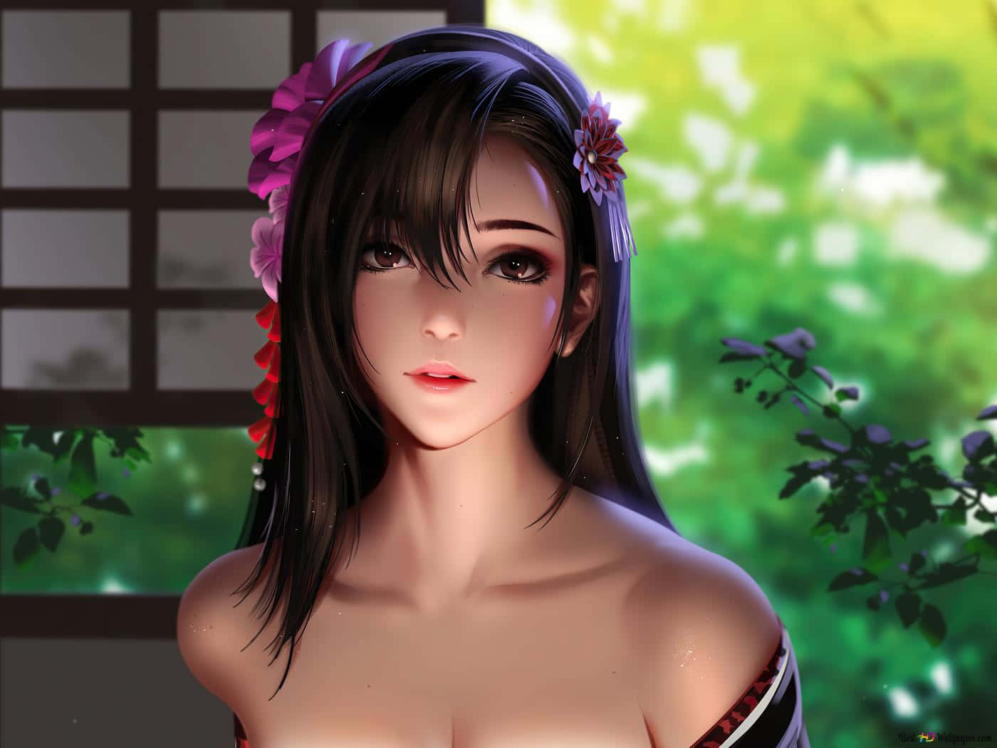 動漫女孩戴著花卉髮飾，站在窗邊，窗外有綠植。