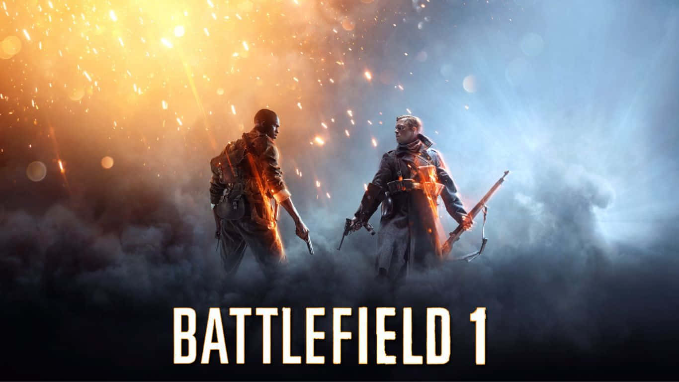 兩名武裝士兵在戰區，身後有火焰和煙霧。