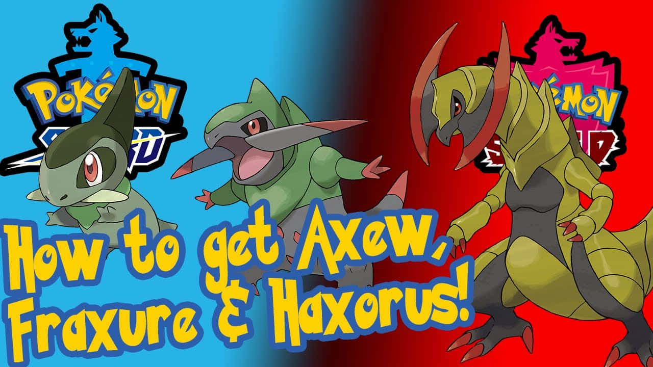 三隻寶可夢 Axew、Fraxure 和 Haxorus 在藍紅背景上帶有文字。