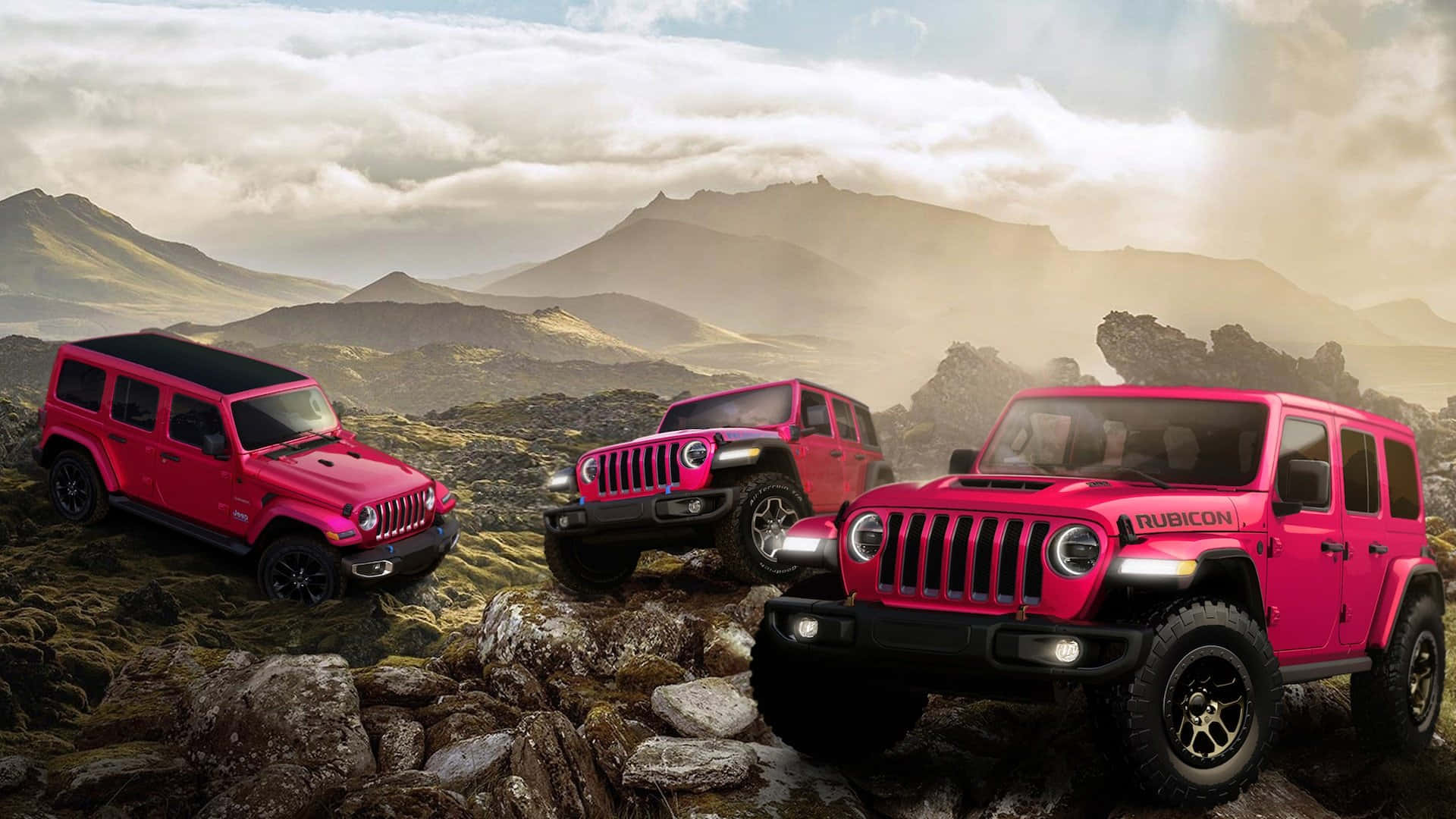 三輛粉紅色Jeep Rubicon SUV在岩石地形上行駛，背景有山脈。