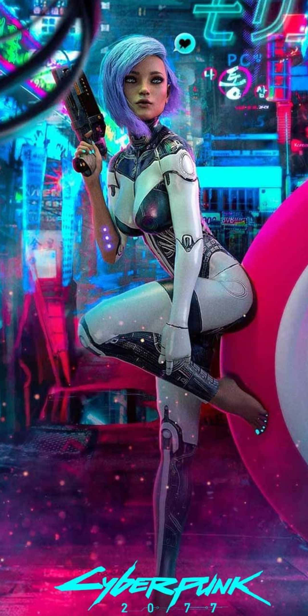 準備迎接冒險，Pixel 3 賽博朋克 2077 壁紙 — 一位藍髮、擁有機械義肢的賽博龐克女性，在霓虹閃爍的未來城市景觀中擺姿勢。