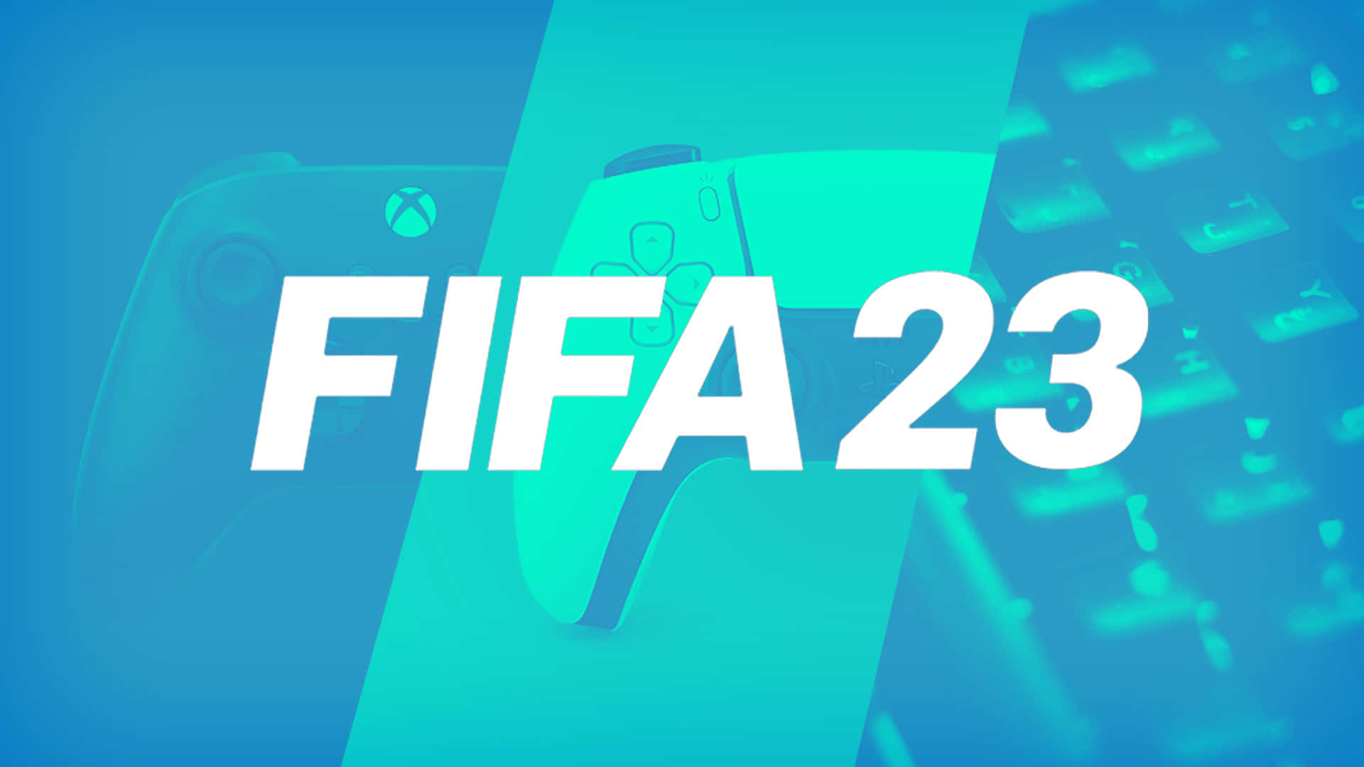 FIFA 23 電子遊戲標題，背景有控制器和鍵盤。