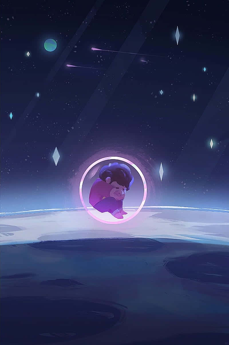 一個細路喺發光環入面浮喺行星上面，背景係滿天星星嘅宇宙場景。