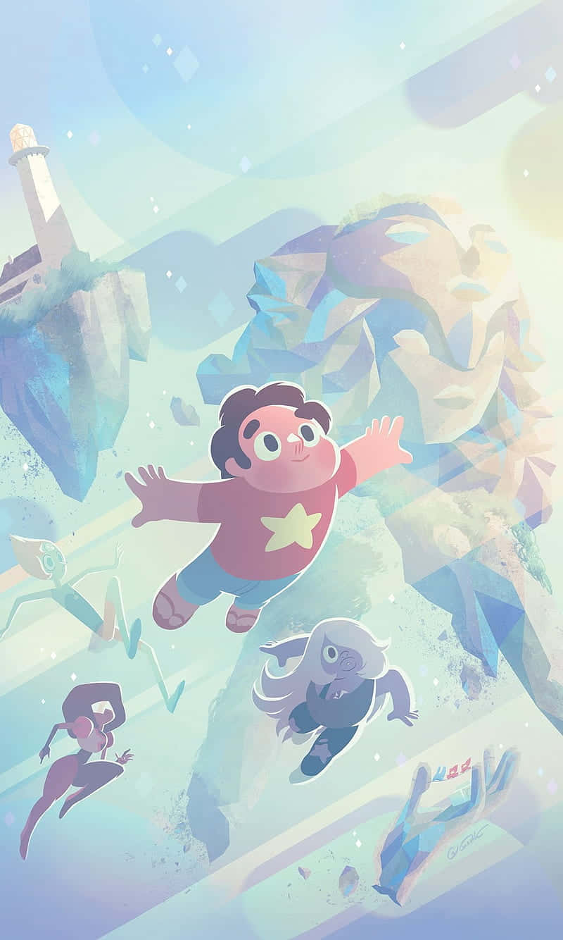 孩子們在發光的水晶世界中翱翔，周圍有漂浮的岩石和柔和的粉彩顏色。