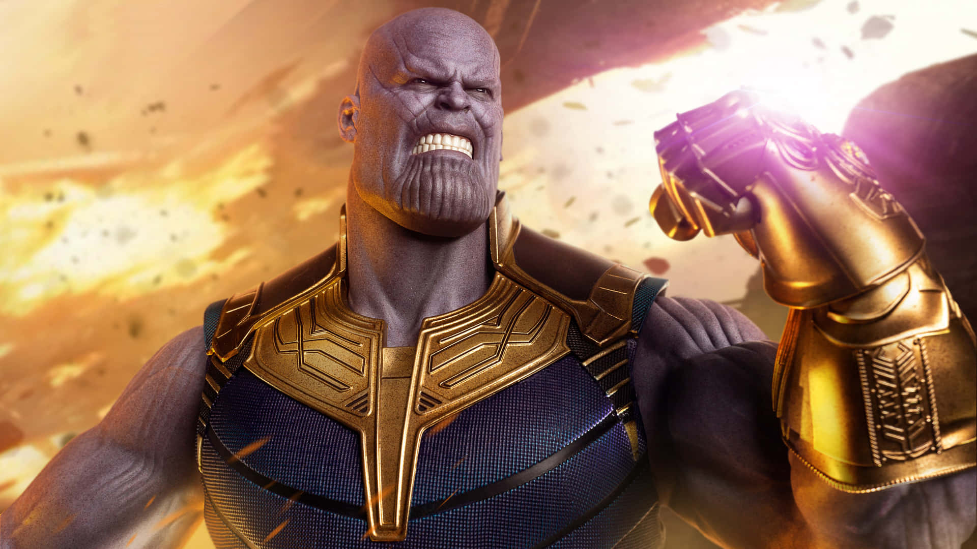 身穿盔甲的 Thanos 舉起發光的手套怒吼。