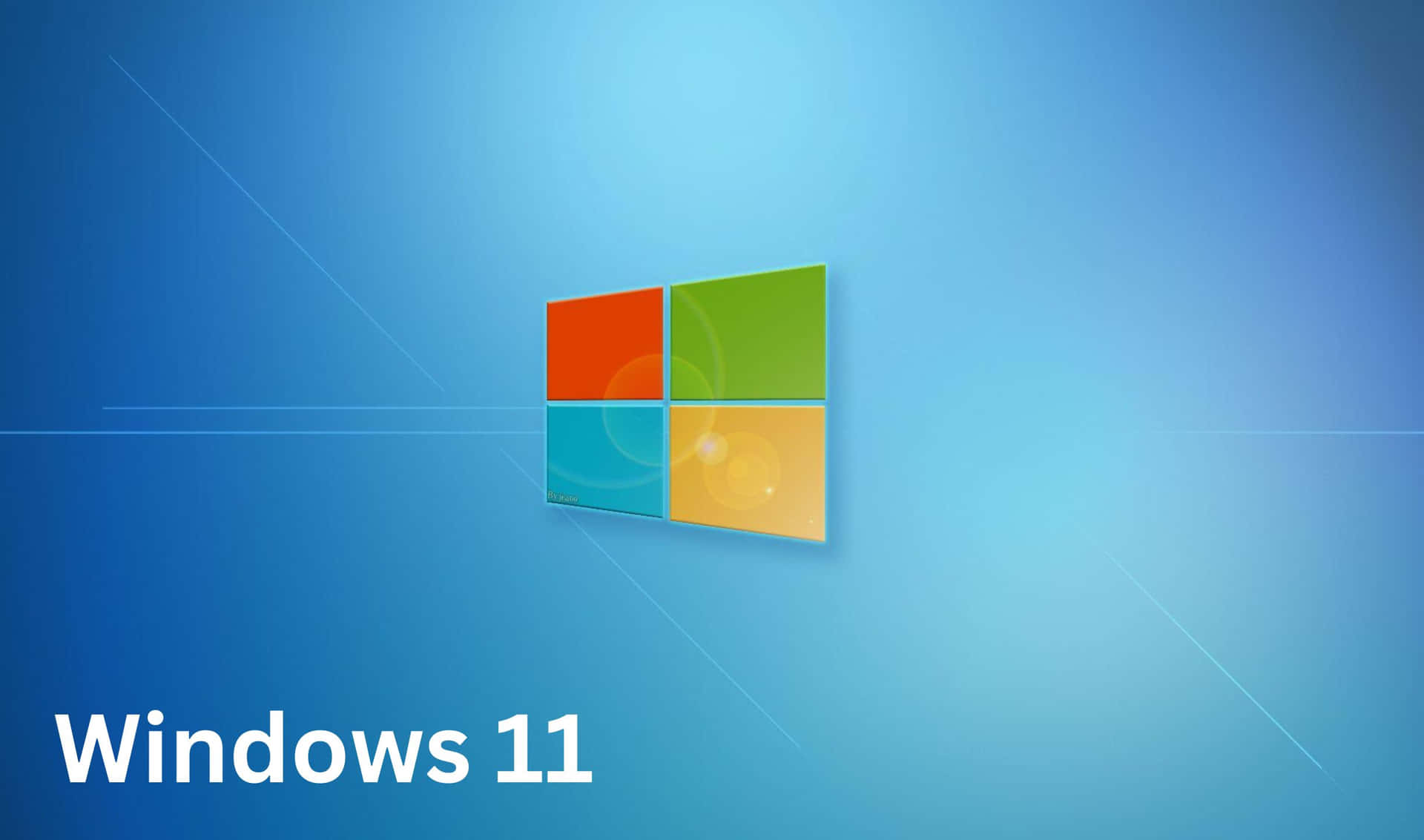 Windows 11 標誌在漸變藍色背景上，帶有光線條紋。