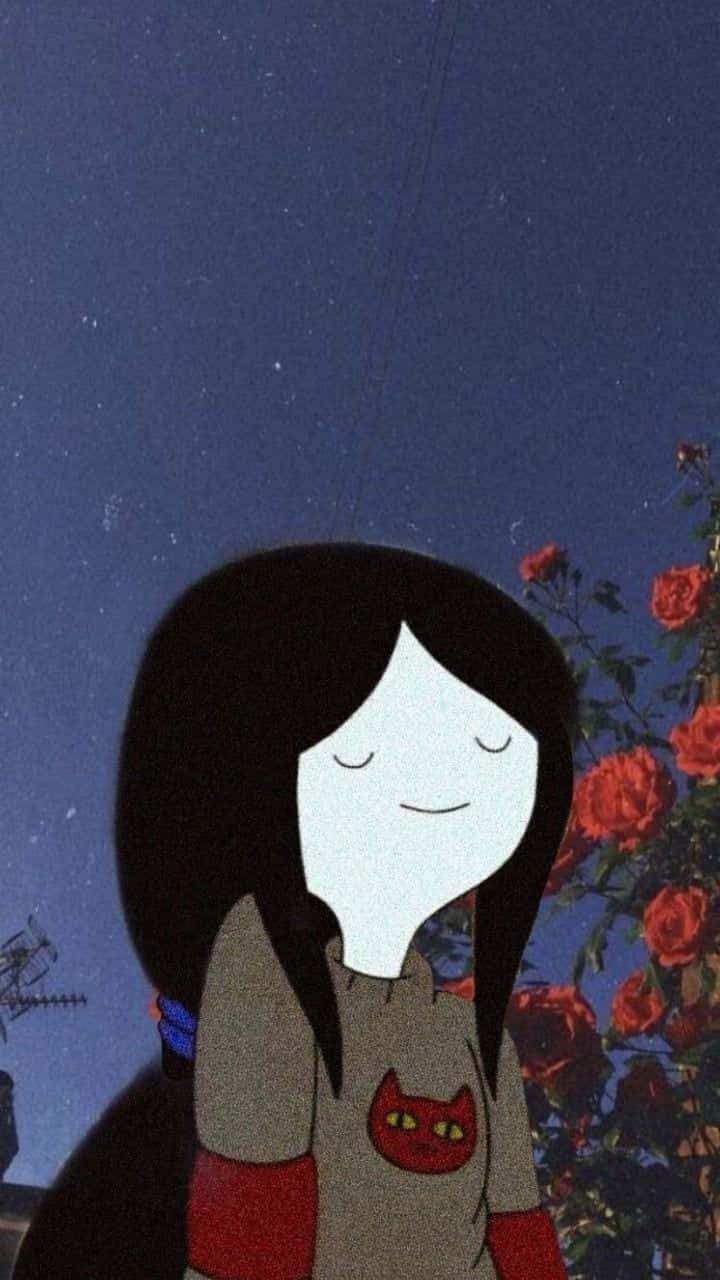 動漫女孩在夜晚的星空下微笑，旁邊是紅玫瑰。