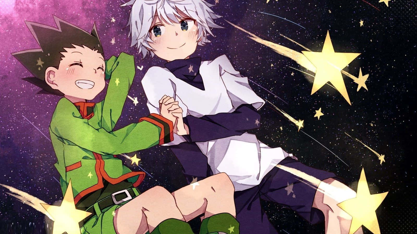 準備迎接挑戰 壁紙 — 兩個動漫男孩在星光燦爛的宇宙背景下快樂地擁抱，伴隨著閃爍的流星。