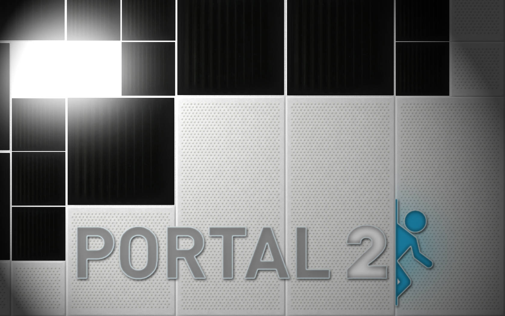 Portal 2 遊戲標誌在金屬牆上，帶有藍色火柴人。