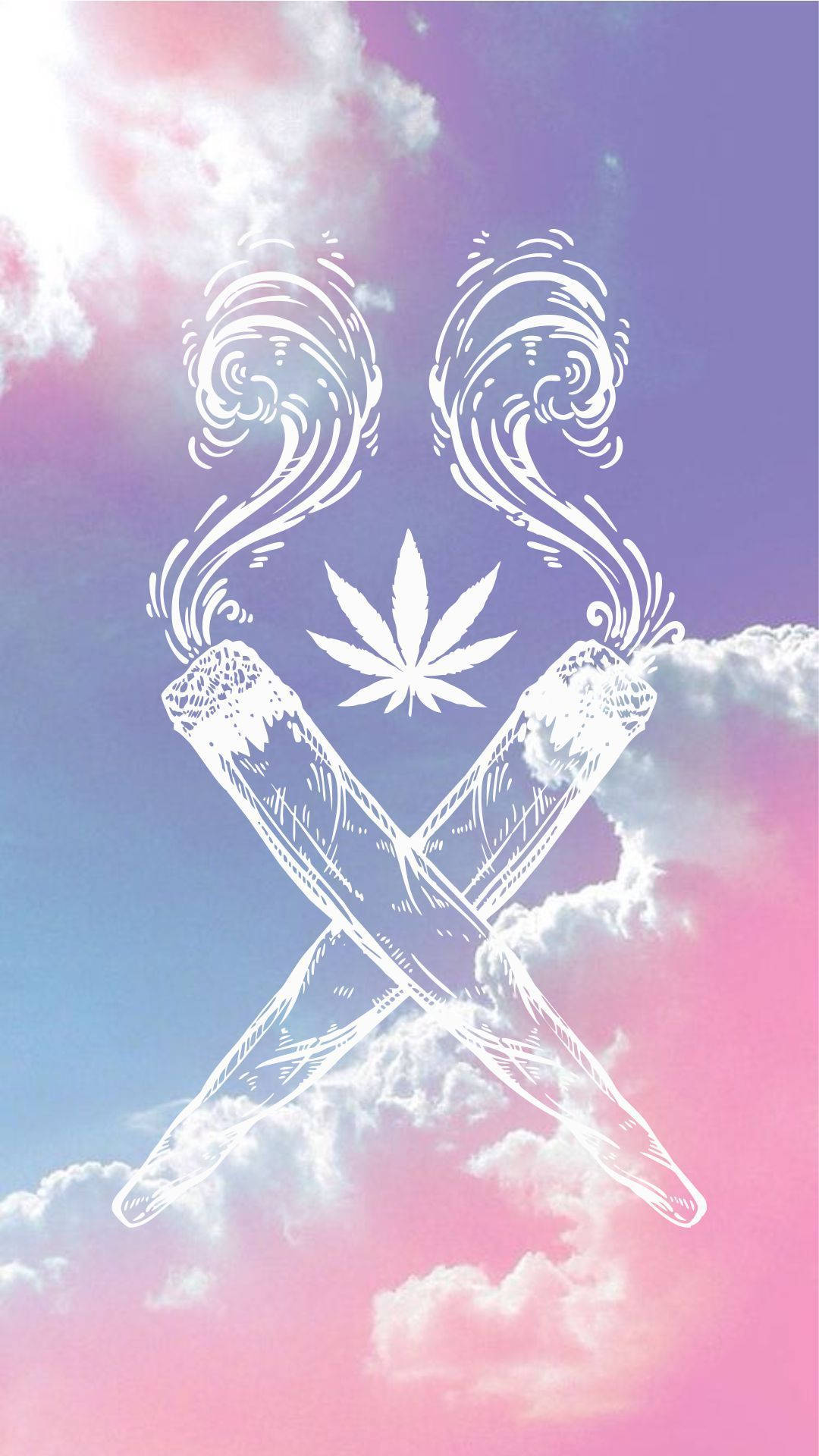 兩支交叉的大麻煙，煙霧在粉彩天空和雲朵中升起。