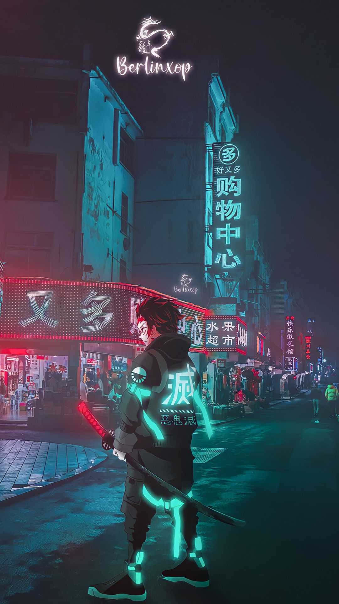 準備迎接最終決戰——鬼滅之刃就在您的iPhone 11上 壁紙 — 一個孤獨的動漫戰士，帶有發光的青色點綴，夜晚站在霓虹燈照亮的城市小巷中，周圍是發光的中文標誌和潮濕路面的倒影。