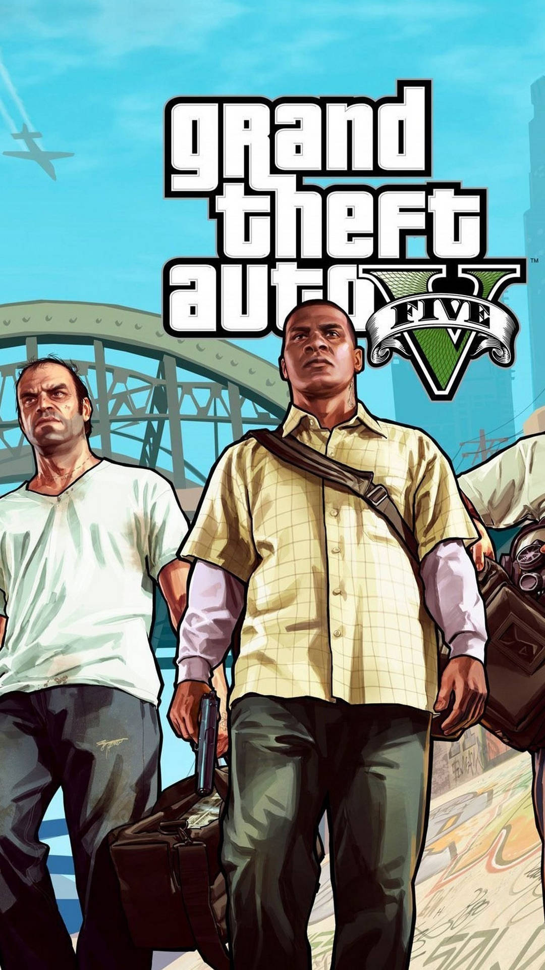 《Grand Theft Auto V》遊戲封面，展示三個主要角色在城市環境中。
