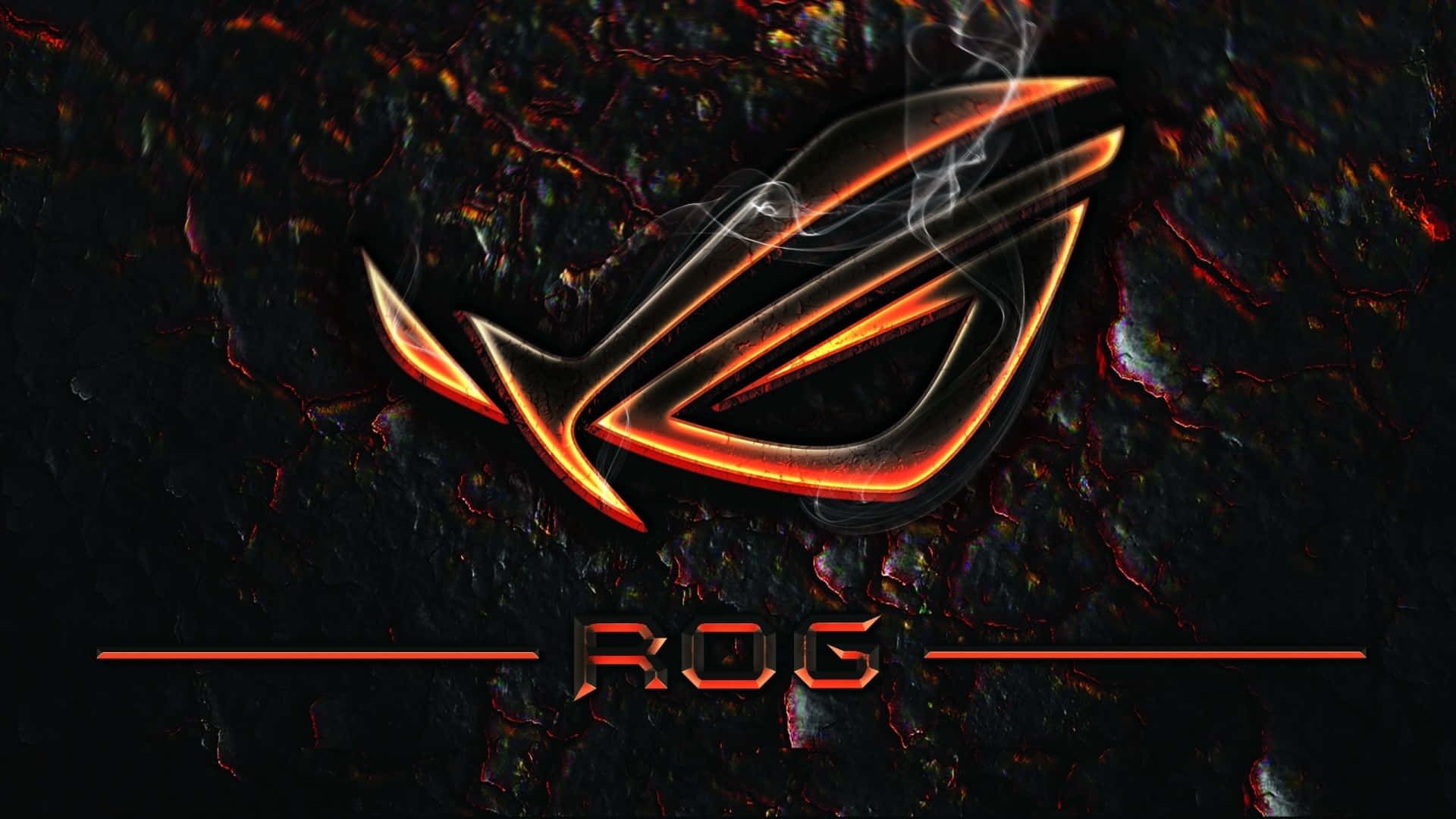 準備迎接極致遊戲體驗 壁紙 — 一個發光的橙色 ROG 標誌，帶有煙霧效果，背景是黑暗、裂開的熔岩狀。