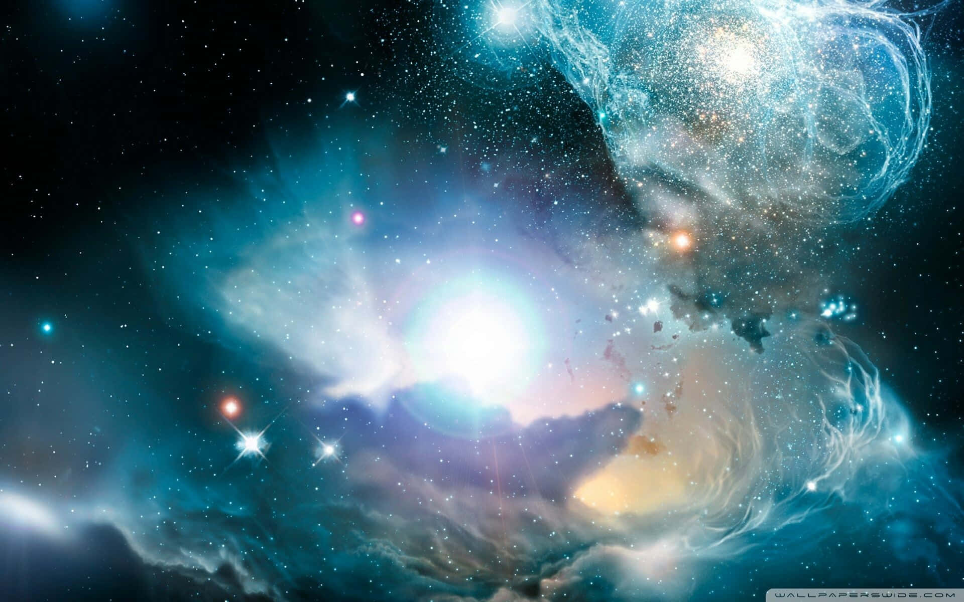 在深空中，帶有旋轉藍色和紫色雲團及明亮星星的鮮豔宇宙星雲。