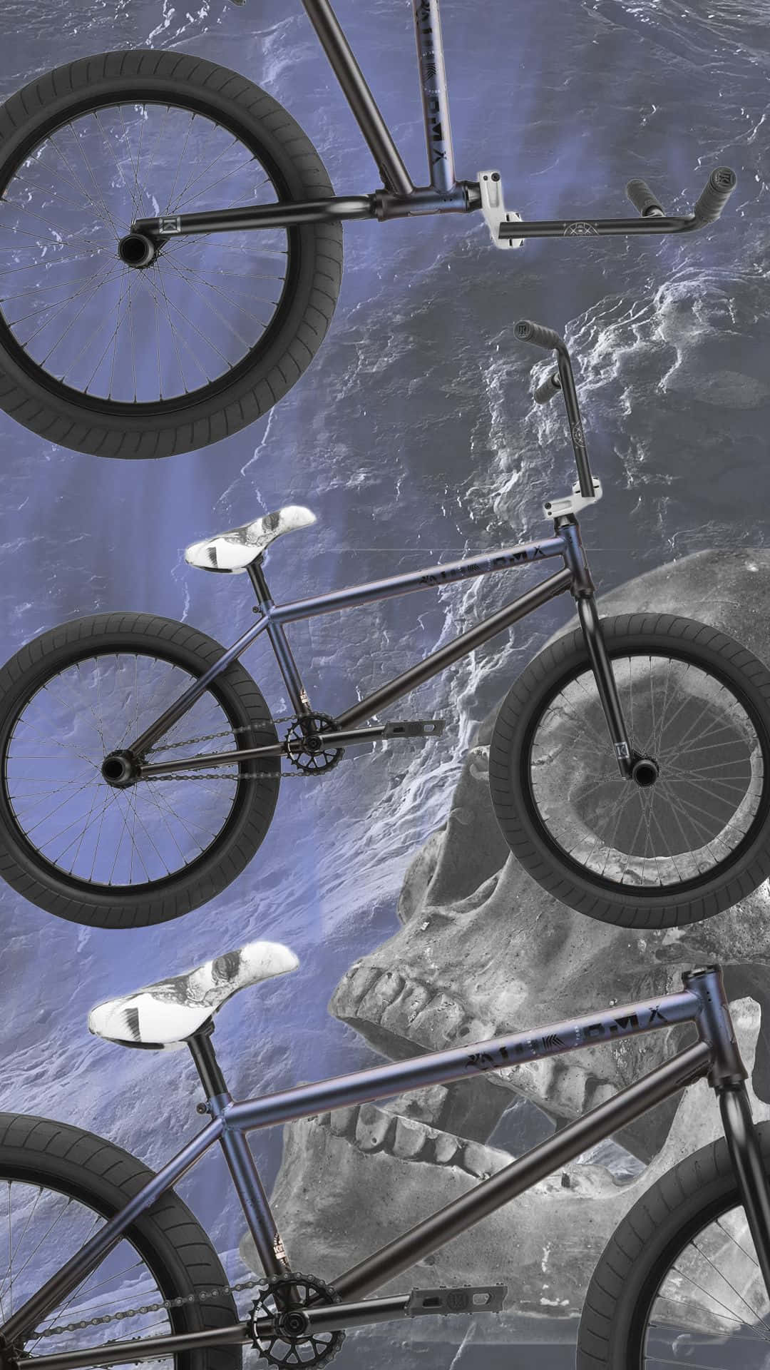 三輛BMX單車懸浮在骷髏圖案背景上。