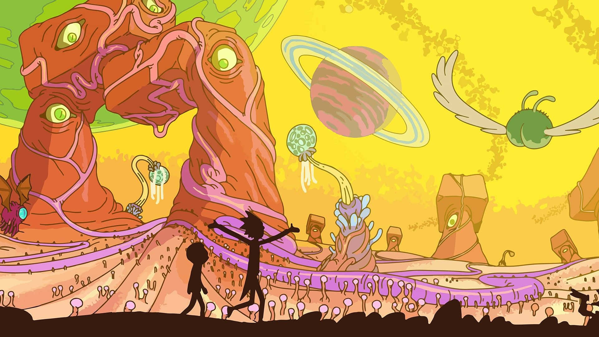 一個孤獨的人物探索著一個帶有發光眼睛和漂浮行星的奇幻外星世界。