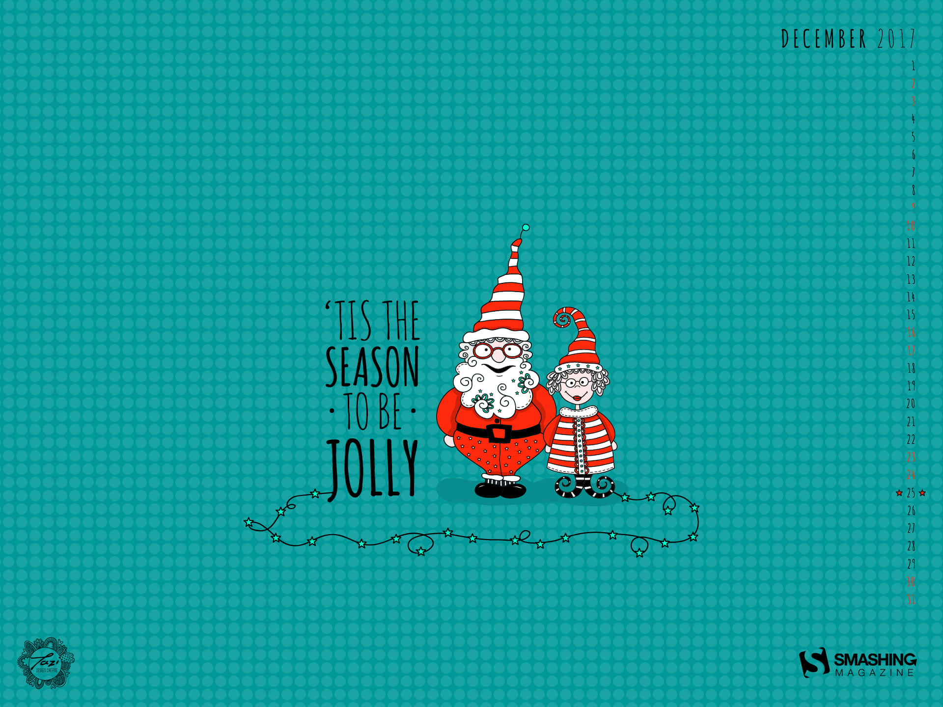 卡通聖誕老人和聖誕太太，背景是青綠色圓點，上面有「'tis the season to be jolly」文字。