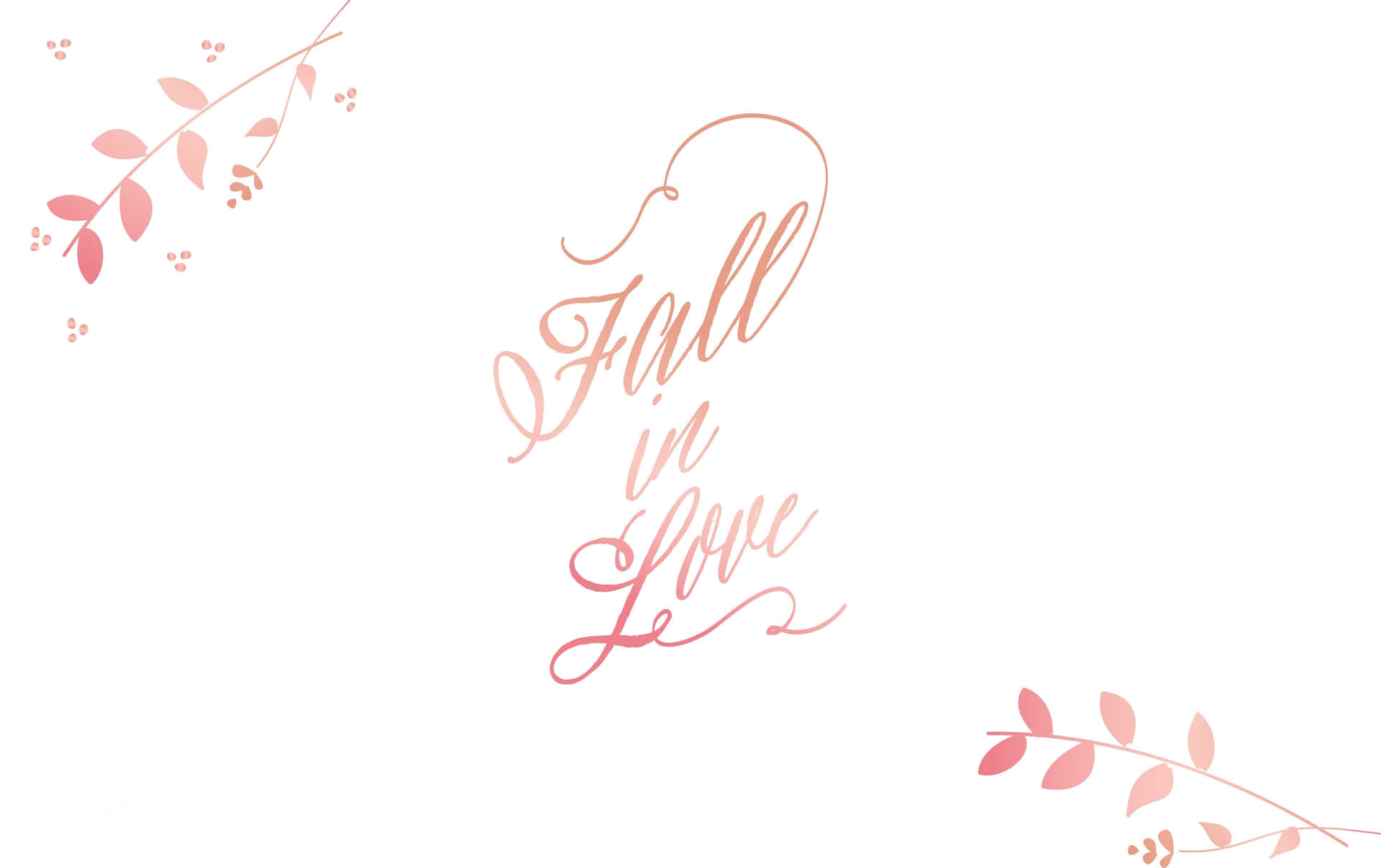 白色背景上帶有粉紅色葉片點綴的玫瑰金「Fall in Love」字體。