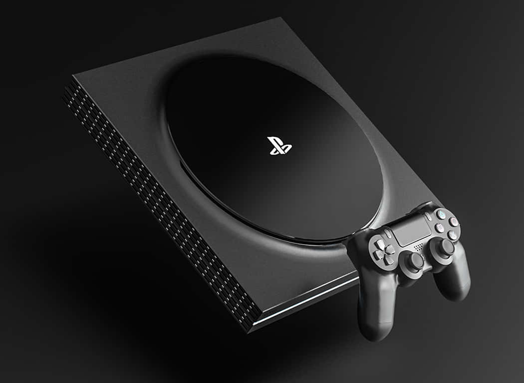 準備迎接無與倫比的沉浸式遊戲體驗，盡在PlayStation 壁紙 — 一部時尚的黑色 PlayStation 5 主機和控制器在工作室燈光下放置在深色表面上。