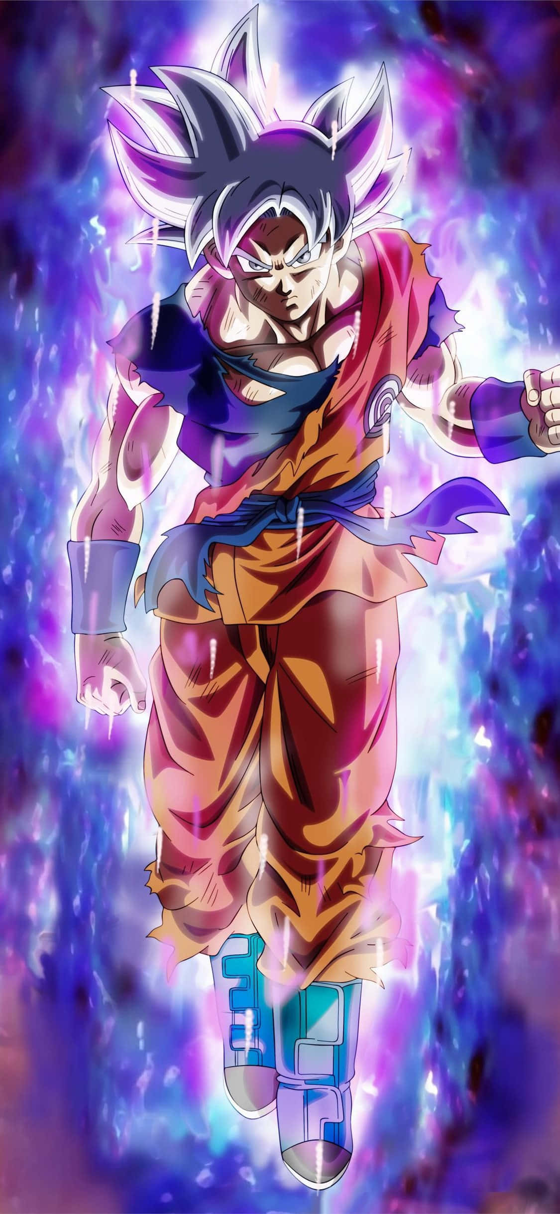 準備迎接熱血冒險，iPhone 11紅色動漫版！ 壁紙 — 動畫戰士悟空以超級賽亞人藍形態，在宇宙紫色和藍色能量風暴中散發力量。
