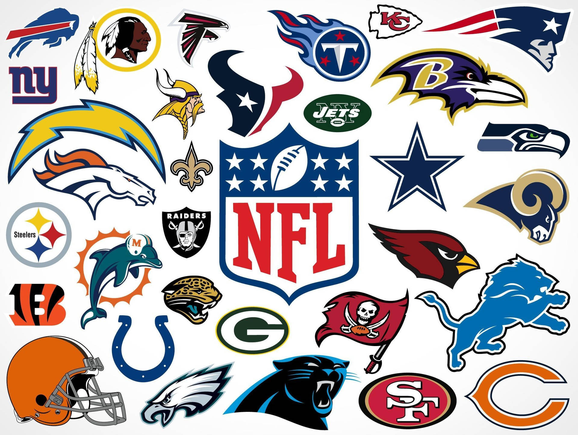 白色背景上的NFL球隊標誌和徽章集合。