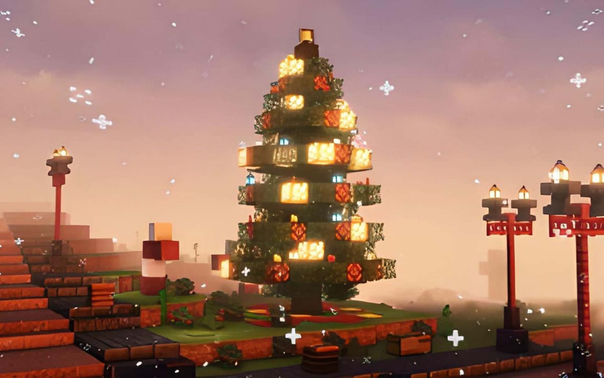 在積雪的Minecraft村莊中，一棵帶有發光燈飾的像素聖誕樹。