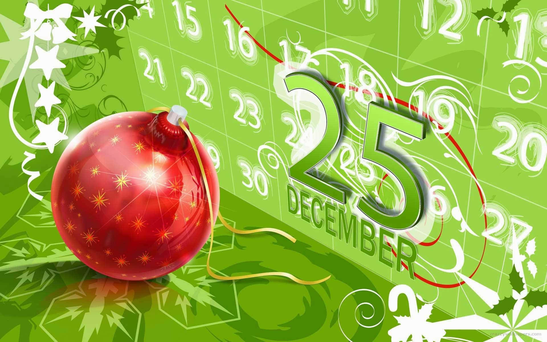 12月25日日曆上的紅色聖誕裝飾，帶有綠色漩渦和冬青。