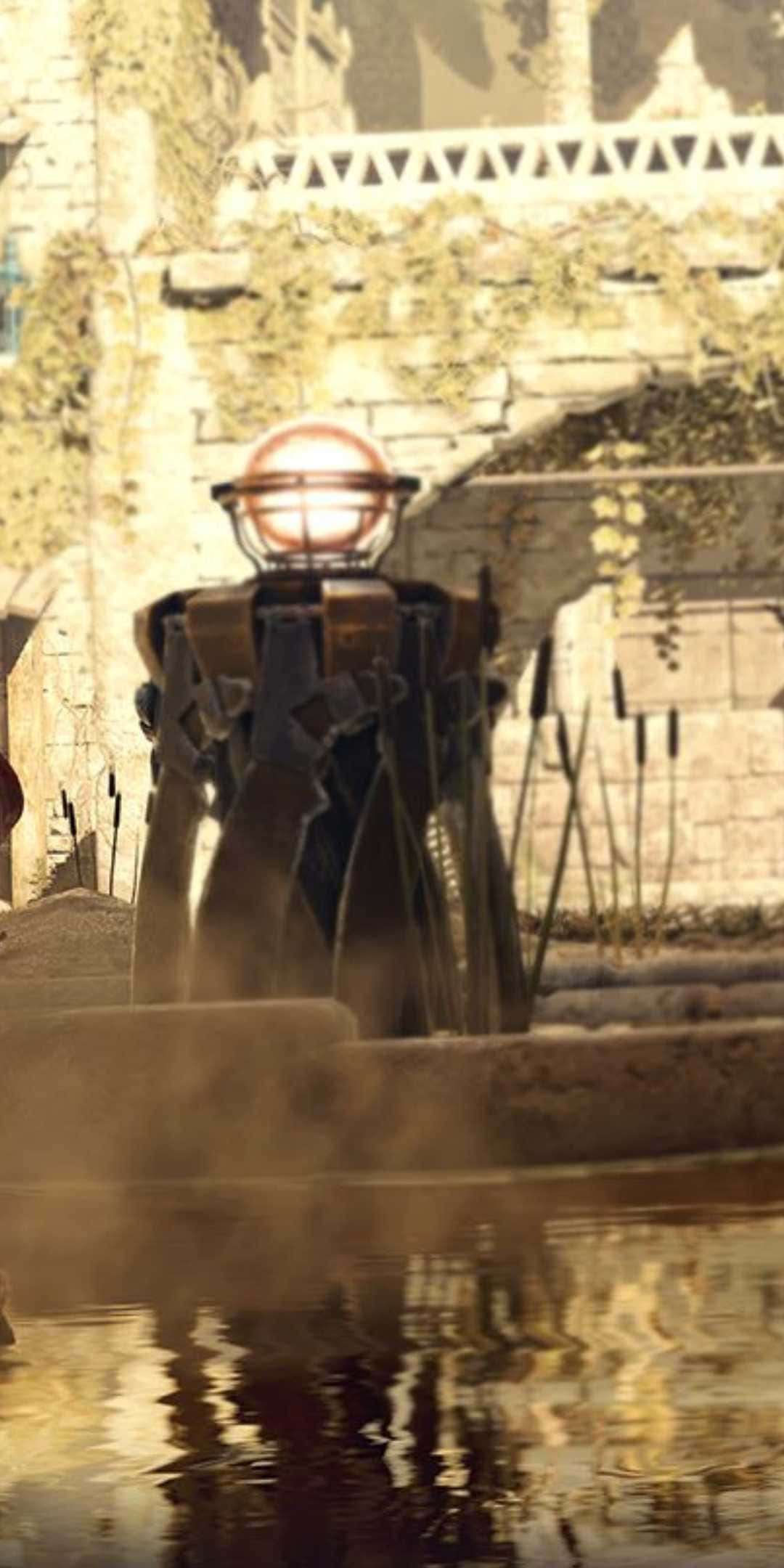 準備迎接與 Pixel 3 和 Strange Brigade 的驚險冒險 壁紙 — 一個發光球體位於機械機械人頂部，站在霧氣瀰漫的水中，下方是佈滿常春藤的石拱門。