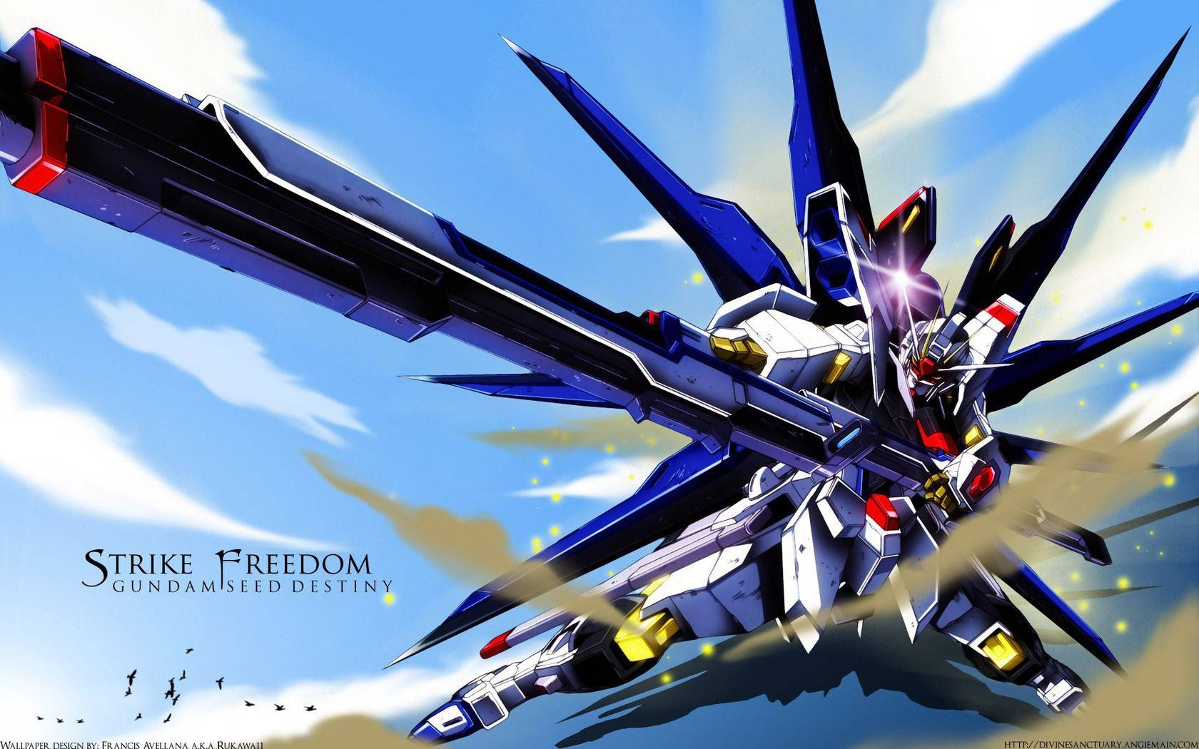 藍白相間的Gundam機動戰士在明亮的天空中飛翔，帶有火花。 — 機動戰士鋼彈 壁紙