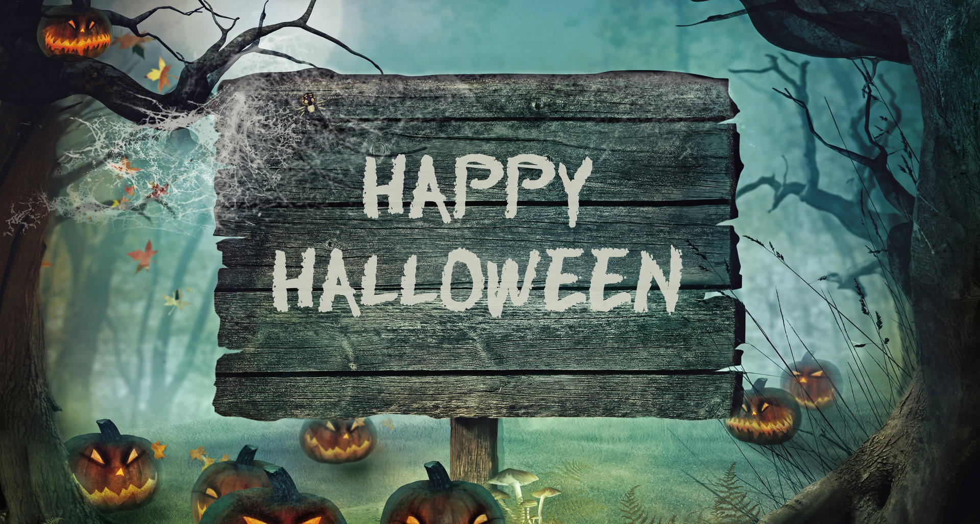陰森森林中的Happy Halloween標誌，發光南瓜和光禿樹木。
