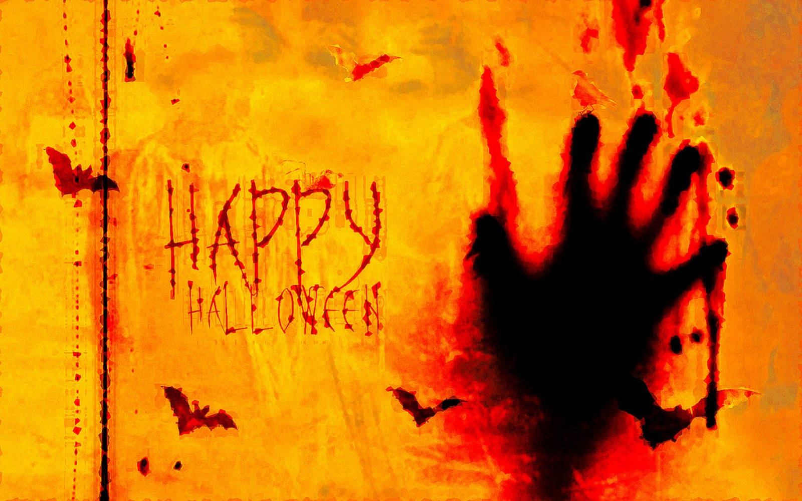 一面帶有血跡、手印和蝙蝠在「happy halloween」字樣附近飛舞的萬聖節牆壁。