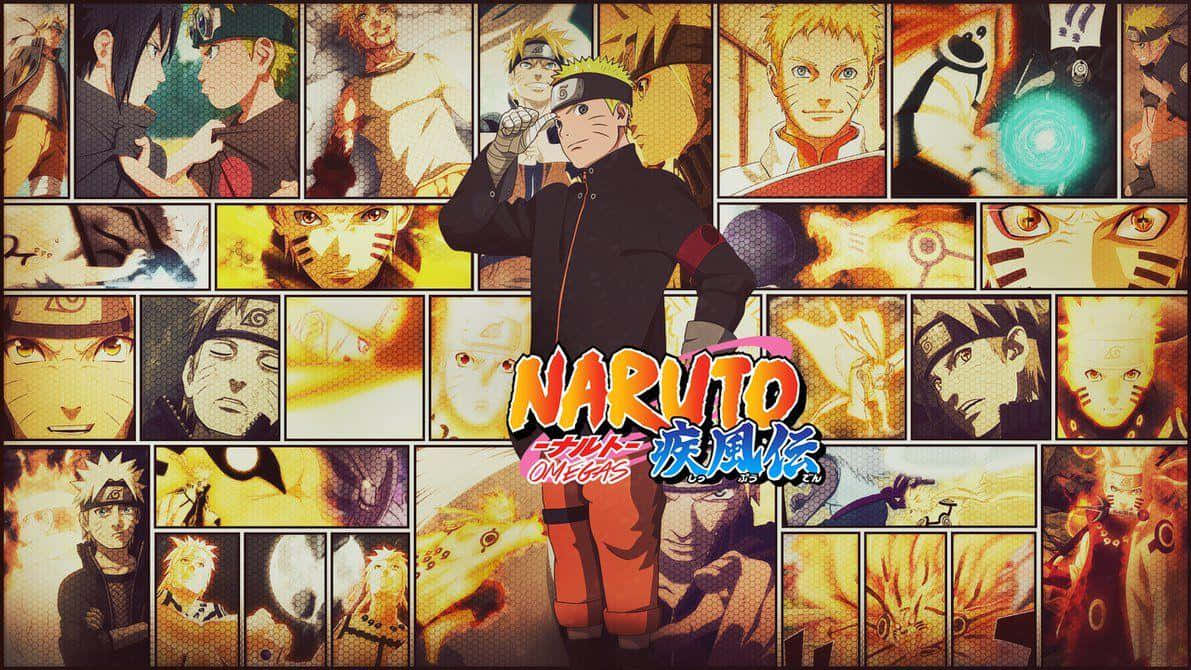 Naruto Uzumaki 穿著橙色和黑色服裝，身後有漫畫面板。