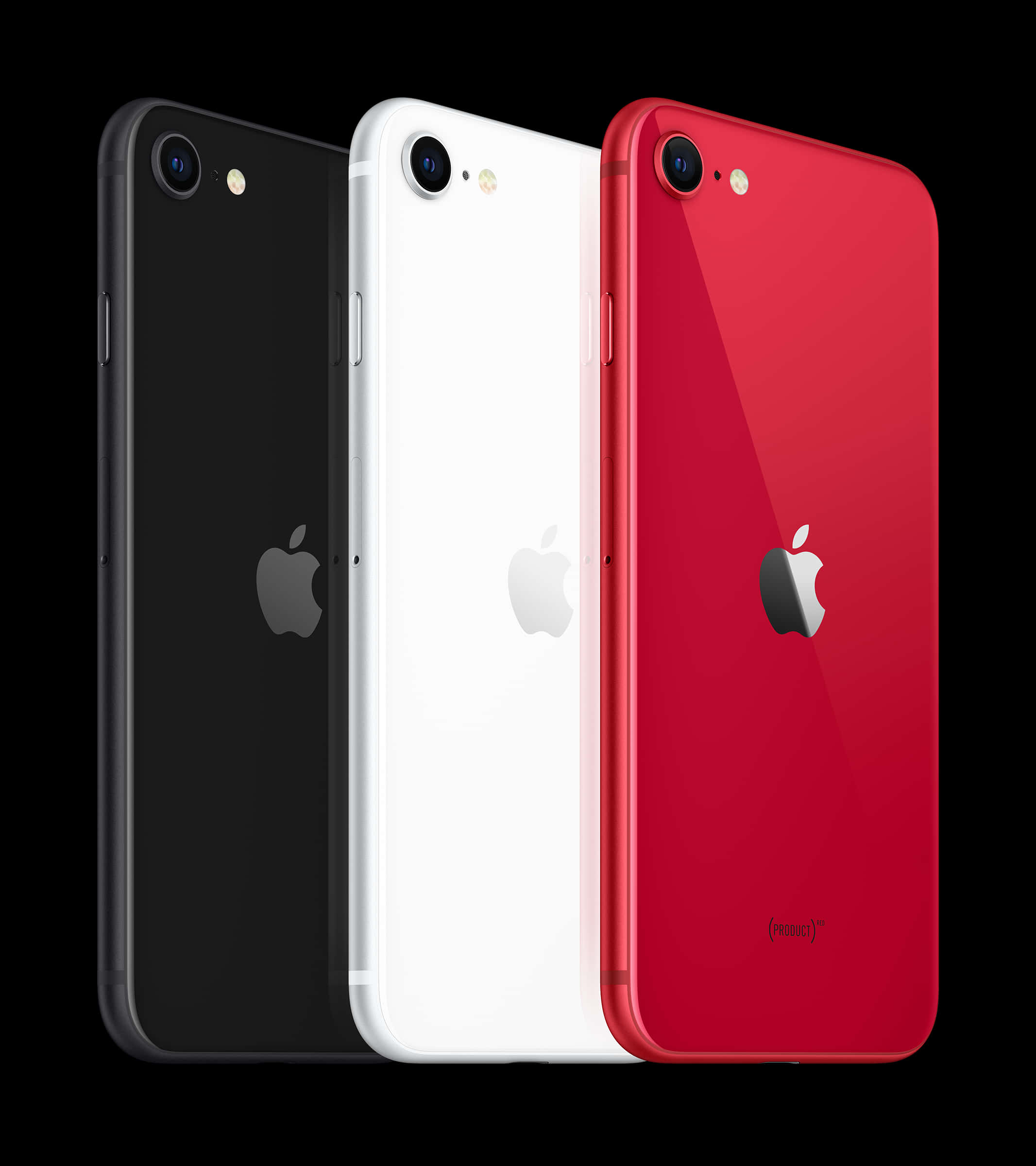 準備進入Apple手機的精彩世界 壁紙 — 三款 iPhone 7 型號，黑色、白色和紅色，從背面展示在黑色背景上。